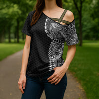 Hawaiian Traditional Tattoos Cross Shoulder Shirt Kakau Tribal Tropical Plant Motif Black Color LT03 - Polynesian Pride