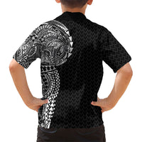 Hawaiian Traditional Tattoos Family Matching Off The Shoulder Long Sleeve Dress and Hawaiian Shirt Kakau Tribal Tropical Plant Motif Black Color LT03 - Polynesian Pride