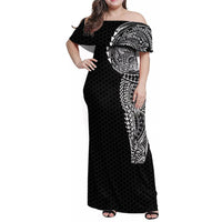 Hawaiian Traditional Tattoos Family Matching Off Shoulder Maxi Dress and Hawaiian Shirt Kakau Tribal Tropical Plant Motif Black Color LT03 Mom's Dress Black - Polynesian Pride