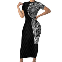 Hawaiian Traditional Tattoos Family Matching Short Sleeve Bodycon Dress and Hawaiian Shirt Kakau Tribal Tropical Plant Motif Black Color LT03 Mom's Dress Black - Polynesian Pride