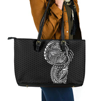Hawaiian Traditional Tattoos Leather Tote Bag Kakau Tribal Tropical Plant Motif Black Color LT03 - Polynesian Pride