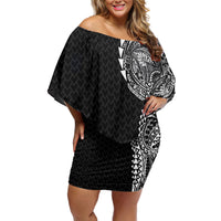 Hawaiian Traditional Tattoos Off Shoulder Short Dress Kakau Tribal Tropical Plant Motif Black Color LT03 Women Black - Polynesian Pride