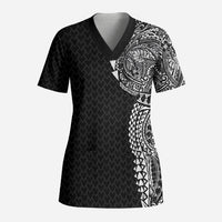 Hawaiian Traditional Tattoos Scrub Top Kakau Tribal Tropical Plant Motif Black Color
