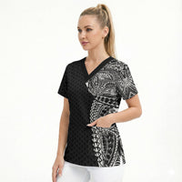 Hawaiian Traditional Tattoos Scrub Top Kakau Tribal Tropical Plant Motif Black Color