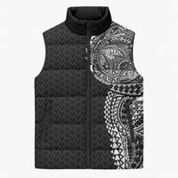 Hawaiian Traditional Tattoos Sleeveless Puffer Jacket Kakau Tribal Tropical Plant Motif Black Color