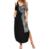 Hawaiian Traditional Tattoos Summer Maxi Dress Kakau Tribal Tropical Plant Motif Black Color LT03 Women Black - Polynesian Pride