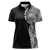 Hawaiian Traditional Tattoos Women Polo Shirt Kakau Tribal Tropical Plant Motif Black Color LT03 Female Black - Polynesian Pride