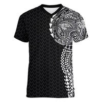 Hawaiian Traditional Tattoos Women V-Neck T-Shirt Kakau Tribal Tropical Plant Motif Black Color LT03 Female Black - Polynesian Pride