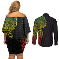 Hawaiian Traditional Tattoos Couples Matching Off Shoulder Short Dress and Long Sleeve Button Shirt Kakau Tribal Tropical Plant Motif Kanaka Maoli Flag Color Inspired LT03 - Polynesian Pride