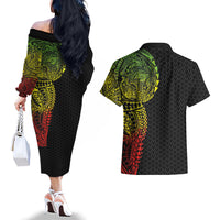 Hawaiian Traditional Tattoos Couples Matching Off The Shoulder Long Sleeve Dress and Hawaiian Shirt Kakau Tribal Tropical Plant Motif Kanaka Maoli Flag Color Inspired LT03 - Polynesian Pride