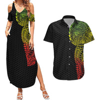 Hawaiian Traditional Tattoos Couples Matching Summer Maxi Dress and Hawaiian Shirt Kakau Tribal Tropical Plant Motif Kanaka Maoli Flag Color Inspired LT03 Multicolor - Polynesian Pride