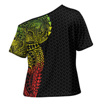 Hawaiian Traditional Tattoos Cross Shoulder Shirt Kakau Tribal Tropical Plant Motif Kanaka Maoli Flag Color Inspired LT03 - Polynesian Pride