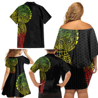 Hawaiian Traditional Tattoos Family Matching Off Shoulder Short Dress and Hawaiian Shirt Kakau Tribal Tropical Plant Motif Kanaka Maoli Flag Color Inspired LT03 - Polynesian Pride