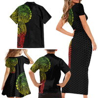 Hawaiian Traditional Tattoos Family Matching Short Sleeve Bodycon Dress and Hawaiian Shirt Kakau Tribal Tropical Plant Motif Kanaka Maoli Flag Color Inspired LT03 - Polynesian Pride