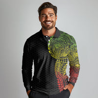Hawaiian Traditional Tattoos Long Sleeve Polo Shirt Kakau Tribal Tropical Plant Motif Kanaka Maoli Flag Color Inspired LT03 - Polynesian Pride