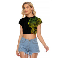 Hawaiian Traditional Tattoos Raglan Cropped T Shirt Kakau Tribal Tropical Plant Motif Kanaka Maoli Flag Color Inspired LT03 Female Multicolor - Polynesian Pride