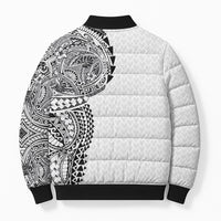 Hawaiian Traditional Tattoos Bomber Puffer Jacket Kakau Tribal Tropical Plant Motif White Color