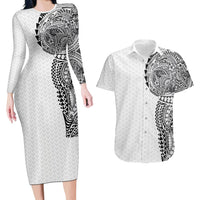 Hawaiian Traditional Tattoos Couples Matching Long Sleeve Bodycon Dress and Hawaiian Shirt Kakau Tribal Tropical Plant Motif White Color LT03 White - Polynesian Pride