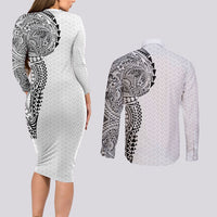 Hawaiian Traditional Tattoos Couples Matching Long Sleeve Bodycon Dress and Long Sleeve Button Shirt Kakau Tribal Tropical Plant Motif White Color LT03 - Polynesian Pride