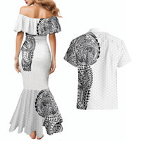 Hawaiian Traditional Tattoos Couples Matching Mermaid Dress and Hawaiian Shirt Kakau Tribal Tropical Plant Motif White Color LT03 - Polynesian Pride