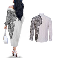 Hawaiian Traditional Tattoos Couples Matching Off The Shoulder Long Sleeve Dress and Long Sleeve Button Shirt Kakau Tribal Tropical Plant Motif White Color LT03 - Polynesian Pride