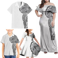 Hawaiian Traditional Tattoos Family Matching Off Shoulder Maxi Dress and Hawaiian Shirt Kakau Tribal Tropical Plant Motif White Color LT03 - Polynesian Pride