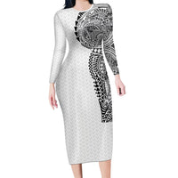 Hawaiian Traditional Tattoos Long Sleeve Bodycon Dress Kakau Tribal Tropical Plant Motif White Color LT03 Long Dress White - Polynesian Pride