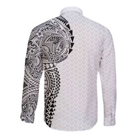 Hawaiian Traditional Tattoos Long Sleeve Button Shirt Kakau Tribal Tropical Plant Motif White Color