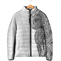 Hawaiian Traditional Tattoos Padded Jacket Kakau Tribal Tropical Plant Motif White Color