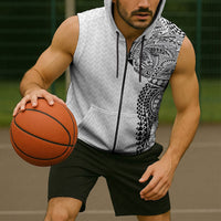 Hawaiian Traditional Tattoos Sleeveless Zip Hoodie Kakau Tribal Tropical Plant Motif White Color LT03 - Polynesian Pride