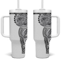Hawaiian Traditional Tattoos Tumbler With Handle Kakau Tribal Tropical Plant Motif White Color