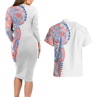 Hawaiian Traditional Tattoos Couples Matching Long Sleeve Bodycon Dress and Hawaiian Shirt Kakau Tribal Tropical Plant Motif Hawaii Flag Color Inspired LT03 - Polynesian Pride