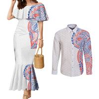 Hawaiian Traditional Tattoos Couples Matching Mermaid Dress and Long Sleeve Button Shirt Kakau Tribal Tropical Plant Motif Hawaii Flag Color Inspired LT03 Multicolor - Polynesian Pride