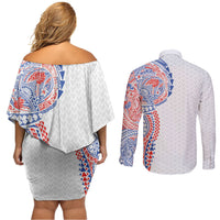 Hawaiian Traditional Tattoos Couples Matching Off Shoulder Short Dress and Long Sleeve Button Shirt Kakau Tribal Tropical Plant Motif Hawaii Flag Color Inspired LT03 - Polynesian Pride