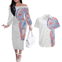 Hawaiian Traditional Tattoos Couples Matching Off The Shoulder Long Sleeve Dress and Hawaiian Shirt Kakau Tribal Tropical Plant Motif Hawaii Flag Color Inspired LT03 Multicolor - Polynesian Pride