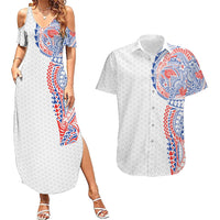 Hawaiian Traditional Tattoos Couples Matching Summer Maxi Dress and Hawaiian Shirt Kakau Tribal Tropical Plant Motif Hawaii Flag Color Inspired LT03 Multicolor - Polynesian Pride