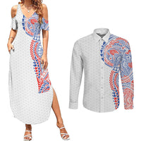Hawaiian Traditional Tattoos Couples Matching Summer Maxi Dress and Long Sleeve Button Shirt Kakau Tribal Tropical Plant Motif Hawaii Flag Color Inspired LT03 Multicolor - Polynesian Pride