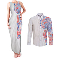 Hawaiian Traditional Tattoos Couples Matching Tank Maxi Dress and Long Sleeve Button Shirt Kakau Tribal Tropical Plant Motif Hawaii Flag Color Inspired LT03 Multicolor - Polynesian Pride