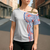 Hawaiian Traditional Tattoos Cross Shoulder Shirt Kakau Tribal Tropical Plant Motif Hawaii Flag Color Inspired LT03 - Polynesian Pride