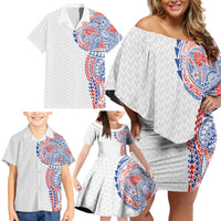Hawaiian Traditional Tattoos Family Matching Off Shoulder Short Dress and Hawaiian Shirt Kakau Tribal Tropical Plant Motif Hawaii Flag Color Inspired LT03 - Polynesian Pride