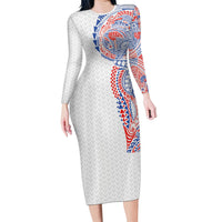 Hawaiian Traditional Tattoos Long Sleeve Bodycon Dress Kakau Tribal Tropical Plant Motif Hawaii Flag Color Inspired LT03 Long Dress Multicolor - Polynesian Pride