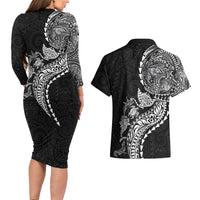Hawaiian Kakau Tribal Sea Animals Tattoos Couples Matching Long Sleeve Bodycon Dress and Hawaiian Shirt Black Color LT03 - Polynesian Pride