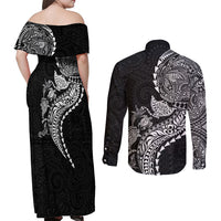 Hawaiian Kakau Tribal Sea Animals Tattoos Couples Matching Off Shoulder Maxi Dress and Long Sleeve Button Shirt Black Color LT03 - Polynesian Pride