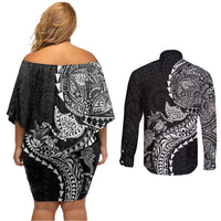 Hawaiian Kakau Tribal Sea Animals Tattoos Couples Matching Off Shoulder Short Dress and Long Sleeve Button Shirt Black Color LT03 - Polynesian Pride