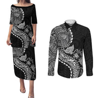 Hawaiian Kakau Tribal Sea Animals Tattoos Couples Matching Puletasi and Long Sleeve Button Shirt Black Color