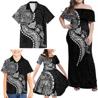 Hawaiian Kakau Tribal Sea Animals Tattoos Family Matching Off Shoulder Maxi Dress and Hawaiian Shirt Black Color LT03 - Polynesian Pride