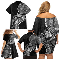 Hawaiian Kakau Tribal Sea Animals Tattoos Family Matching Off Shoulder Short Dress and Hawaiian Shirt Black Color LT03 - Polynesian Pride