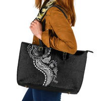 Hawaiian Kakau Tribal Sea Animals Tattoos Leather Tote Bag Black Color