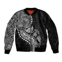 Hawaiian Kakau Tribal Sea Animals Tattoos Sleeve Zip Bomber Jacket Black Color