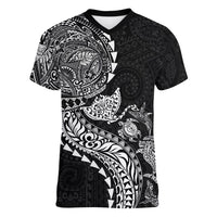 Hawaiian Kakau Tribal Sea Animals Tattoos Women V-Neck T-Shirt Black Color LT03 Female Black - Polynesian Pride
